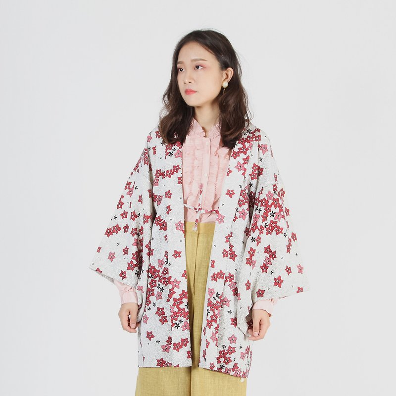 [Egg plant ancient] snow spot early plum printing vintage kimono feather weaving - เสื้อแจ็คเก็ต - เส้นใยสังเคราะห์ สึชมพู