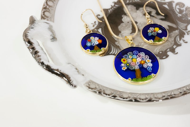 ITA BOTTEGA【Made in Italy】MURANO Life Tree Pendant Earrings Set (Gold) - Necklaces - Glass Blue