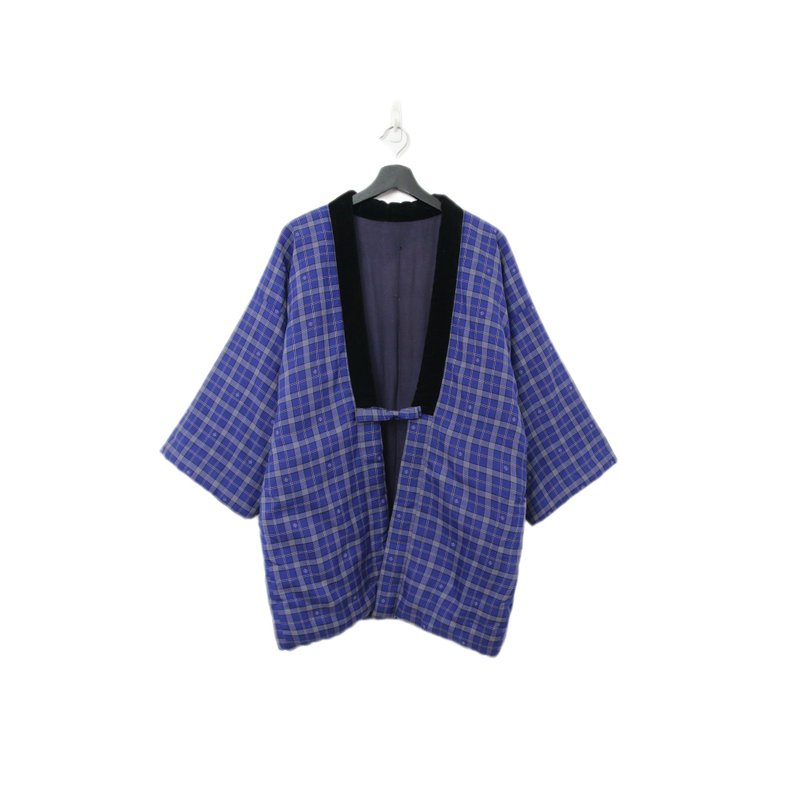 Back to Green - Haori Jacket from Japan - Deep Navy, British Plaid Pattern pt-32/vintage - เสื้อโค้ทผู้ชาย - ผ้าฝ้าย/ผ้าลินิน 