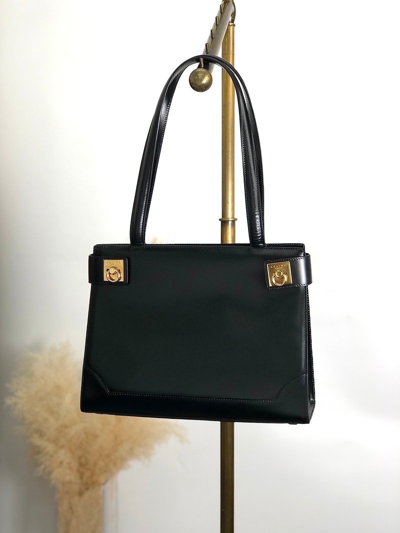 【 日本直送　名牌中古包 】CELINE セリーヌ トートバッグ ブラック ダブル ガンチーニ レザー vintage ヴィンテージ オールド 4mgkus - 手提包/手提袋 - 真皮 黑色