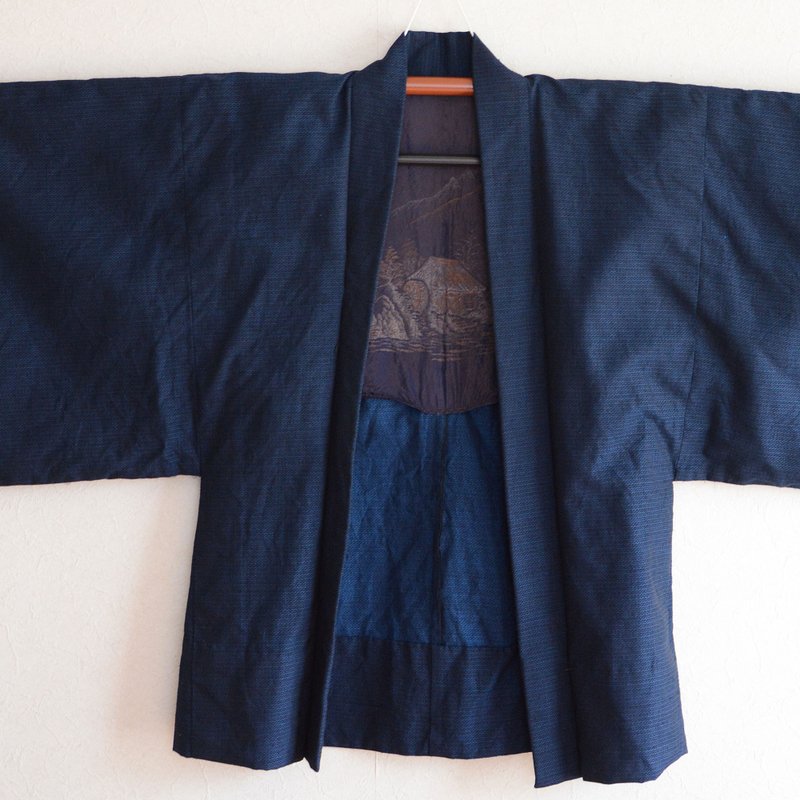 Haori Jacket Men Uramasari Kimono Japan Vintage Scenery of Japanese houses - Men's Coats & Jackets - Other Materials Blue