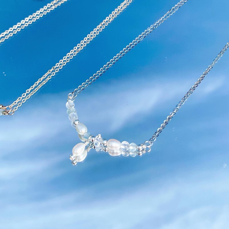 Shining Diamond Aquamarine Moonstone Natural Freshwater Pearl 925 Sterling Silver Smile Necklace - สร้อยคอ - คริสตัล สีเงิน