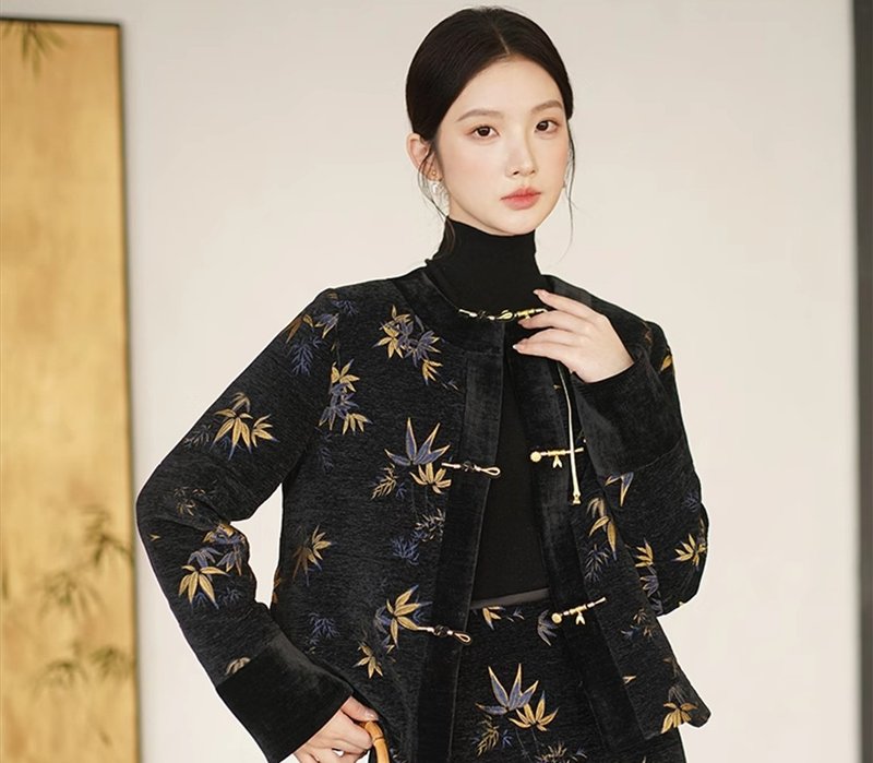 新中式復古中國風 印花盤扣 外套/半裙 - 女上衣/長袖上衣 - 其他材質 黑色