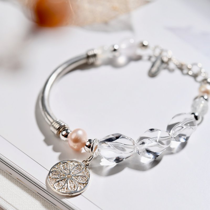 Micropowder | White crystal*moonstone*pink pearl sterling silver bracelet - Bracelets - Gemstone Multicolor