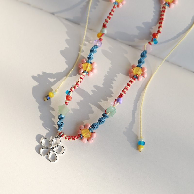 Flower multicolored woven waxed cord choker necklace - สร้อยคอ - งานปัก หลากหลายสี