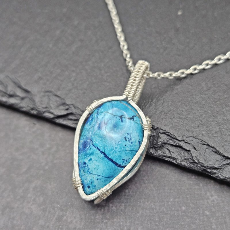 Chrysocolla Wire Wrapped Pendant , Silver - Necklaces - Sterling Silver Blue