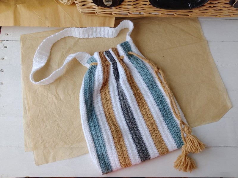 Ruched Drawstring Bag/Side Backpack/Woven Bag/Striped shopper bag/String color - 手提包/手提袋 - 棉．麻 多色