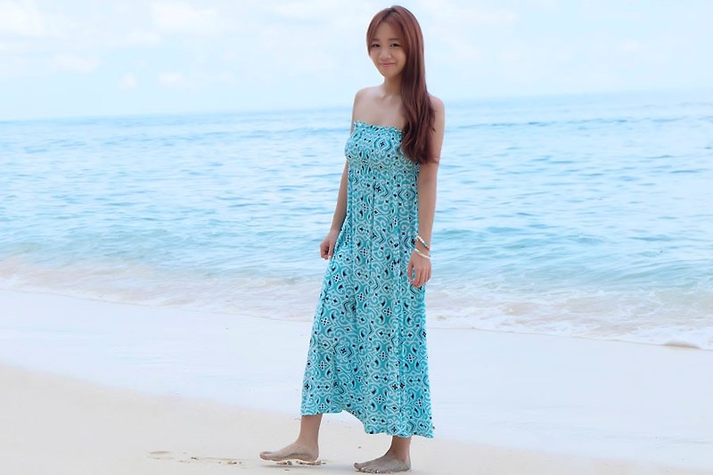 New! Ikat print tube top long dress <Blue> - One Piece Dresses - Other Materials Blue