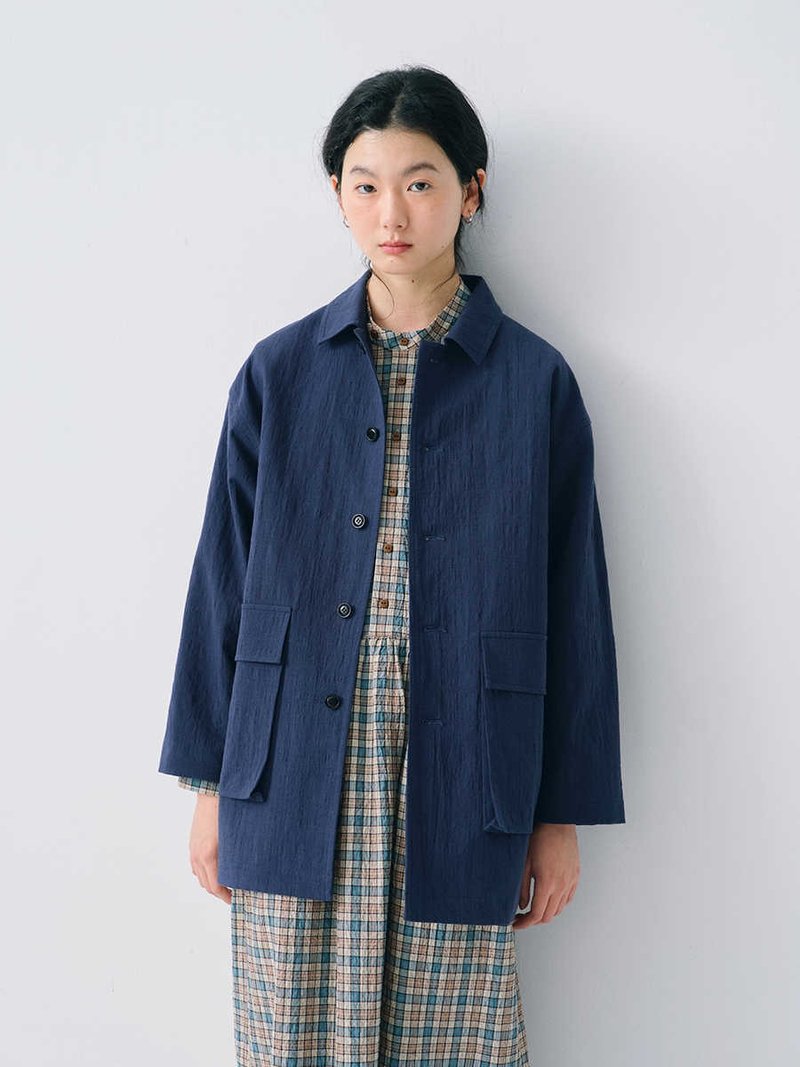 深藍棉麻工裝感寬松風衣外套 - 女西裝外套 - 棉．麻 多色