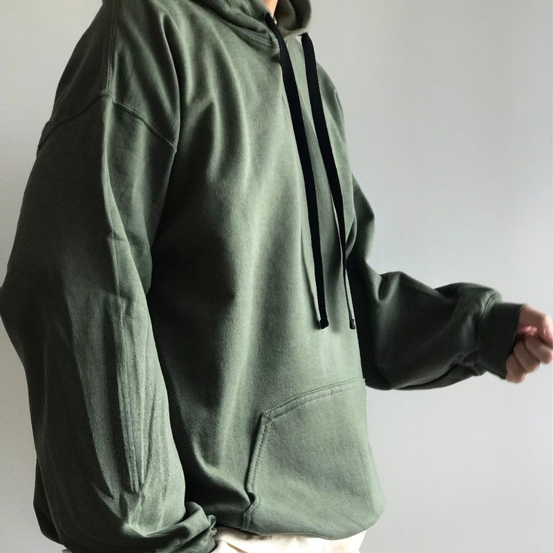 Big silhouette hoodie / smoke green / plain / hand embroidery / unisex - 帽T/大學T - 棉．麻 綠色