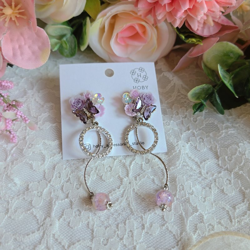 月光下的羅曼史 Moonlit Romance  耳環/耳釘/耳夾 原創 手作 - 耳環/耳夾/耳骨夾 - 不鏽鋼 紫色