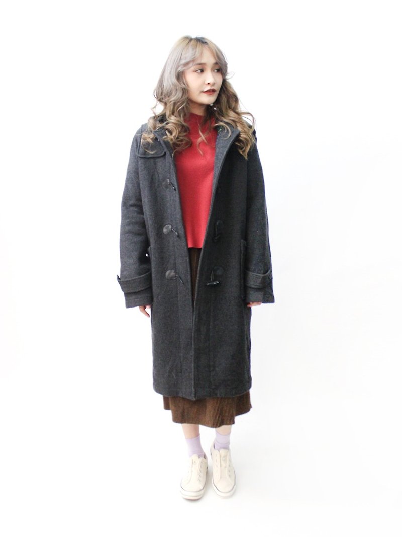 【RE1115C434】 Autumn and winter college style grain wool gray hooded vintage hooded button coat coat - เสื้อแจ็คเก็ต - ขนแกะ สีเทา