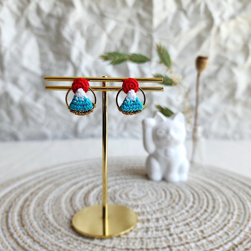 Crochet mini Fuji earrings (or ear clip) - Earrings & Clip-ons - Cotton & Hemp Multicolor