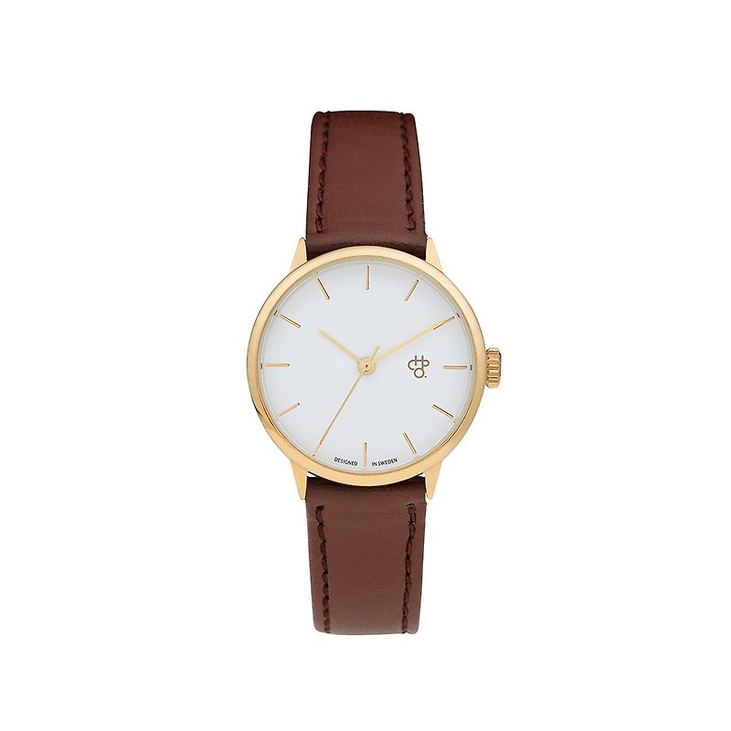 Chpo Brand Swedish Brand - Khorshid Mini Collection Gold White Dial Brown Leather Watch - นาฬิกาผู้หญิง - วัสดุอื่นๆ สีนำ้ตาล