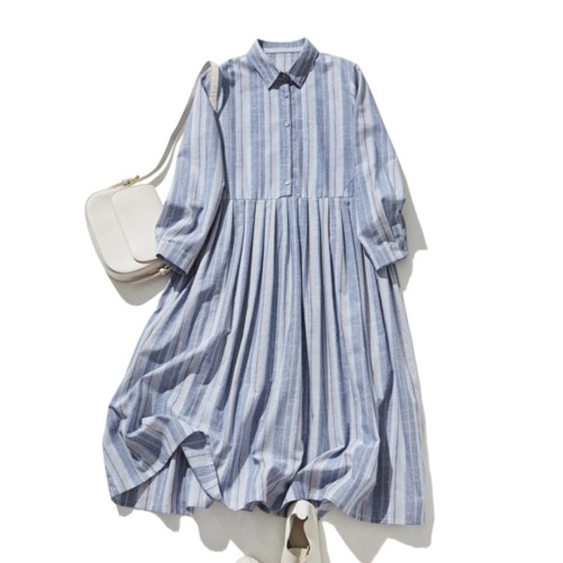 Natural-looking striped dress, 100% cotton, blue, 241008-3 - ชุดเดรส - ผ้าฝ้าย/ผ้าลินิน 