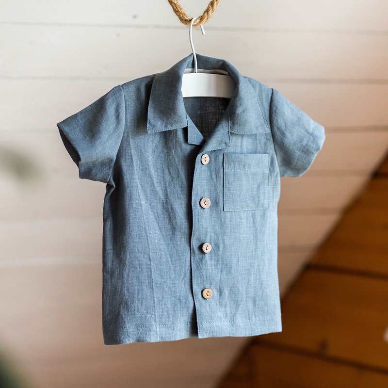 Kids Linen Shirt, Toddler Boy T-Shirts, Children Clothes from Natural Linen - เสื้อยืด - ลินิน สีน้ำเงิน