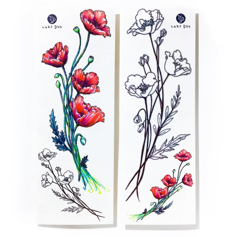 Minimalist Poppy Flower Long Lasting Temporary Tattoo Stickers Floral Summer Fun - Temporary Tattoos - Paper Multicolor