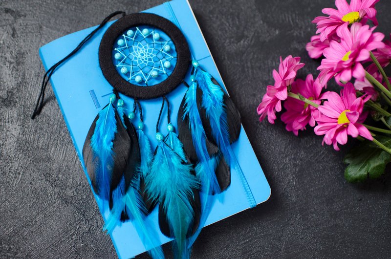 追梦人 Dream catcher car size Turquoise black dreamcatcher Birthstone นักล่าฝัน - 壁貼/牆壁裝飾 - 寶石 黑色
