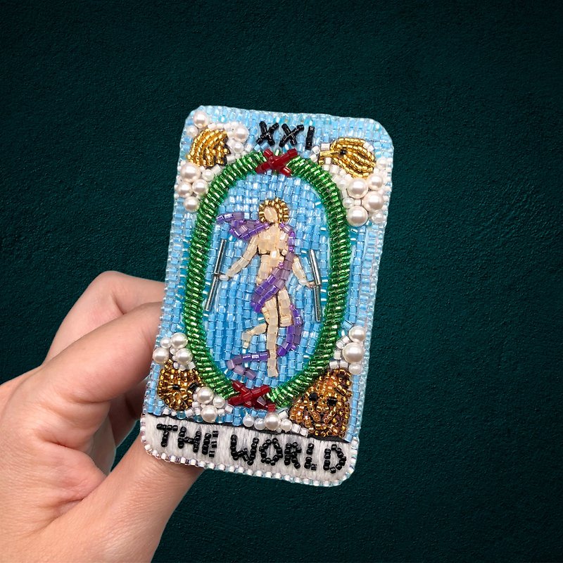 The world Tarot Embroidered jewelry Beaded brooch Miniature embroidery - Brooches - Other Materials 