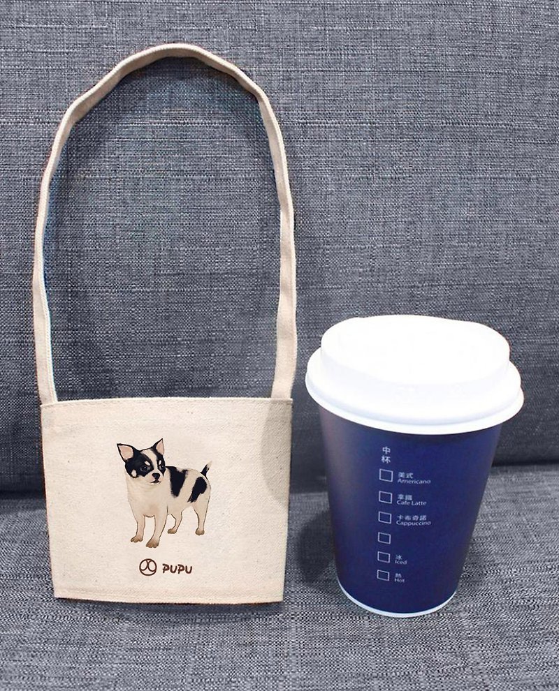 乳牛吉娃娃(杯套)--台灣棉麻布-文創柴犬-環保-飲料提袋-蒼蠅星球 - 手袋/手提袋 - 棉．麻 白色