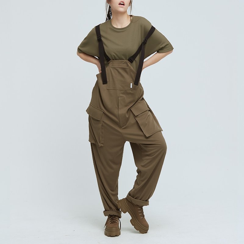 Cozee-Antibacterial rate overalls suspenders (neutral)-asphalt green - Overalls & Jumpsuits - Polyester Khaki