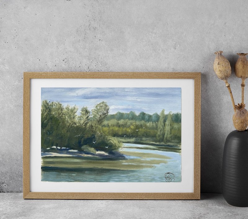 Original Miniature Oil Painting Irtysh River Realistic Art 15 x 20 cm - 壁貼/牆壁裝飾 - 紙 綠色
