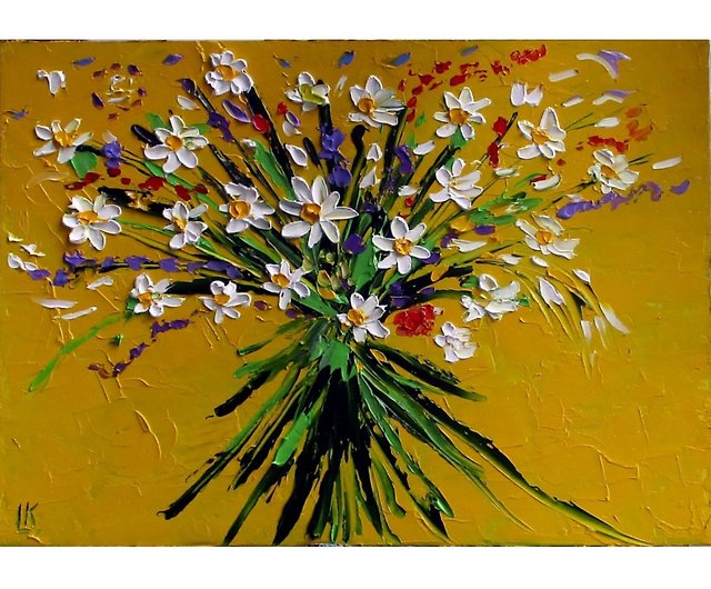 Daisies Oil Painting Flowers Original Art Small Impasto Painting Floral Wall Decor Art by LanaLight S.