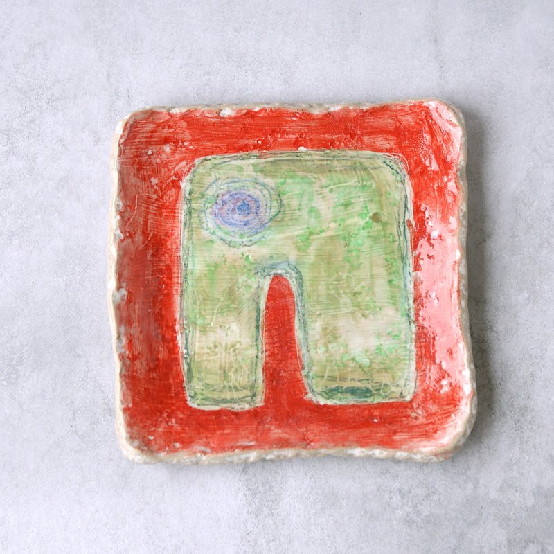 Green Elephant Arc de Triomphe, Square Plate, Red Background - Plates & Trays - Pottery Green