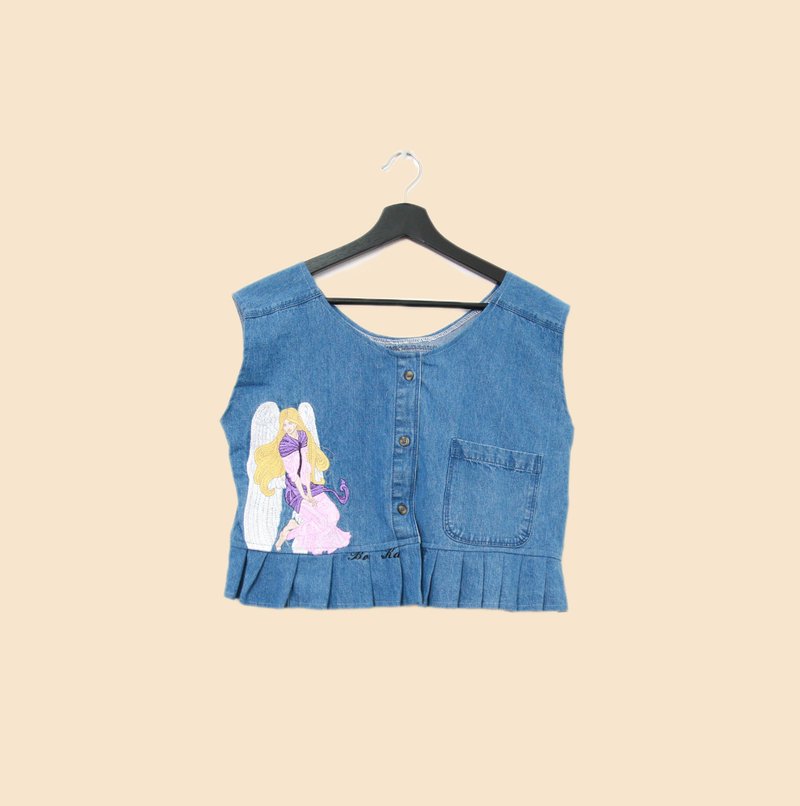 Back to Green-丹寧刺繡背心 天使翅膀 仙女 dv-37//vintage vest - 背心/無袖上衣 - 棉．麻 