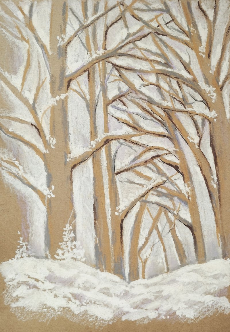 Winter Forest painting nature pastel trees drawing art the living room graphics - ตกแต่งผนัง - กระดาษ ขาว