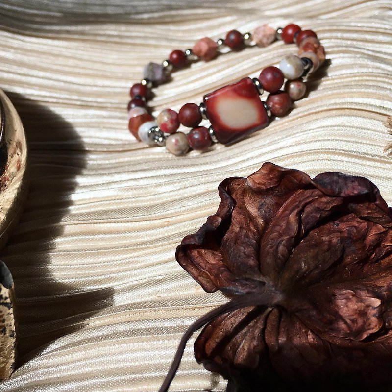 【Lost and find】Natural Stone egg yolk bead sand raw ore agate bracelet GB01 - Bracelets - Gemstone Red