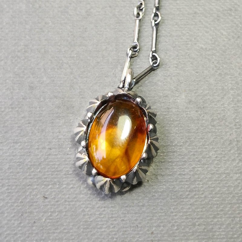Delia flower vintage silver pendant chain - orange yellow amber - สร้อยคอ - เงินแท้ สีส้ม
