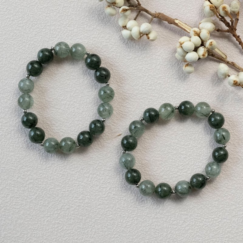 Green Rutilated Quartz genuine gemstones stretch bracelet birthday gift - สร้อยข้อมือ - คริสตัล สีเขียว