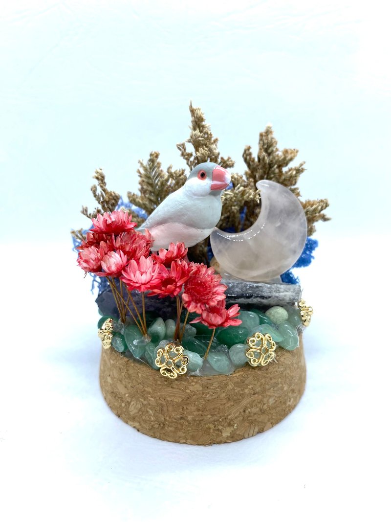 蔚藍花園-文鳥與粉水晶月亮/紫水晶-水晶公仔乾燥花擺設 - 擺飾/家飾品 - 水晶 