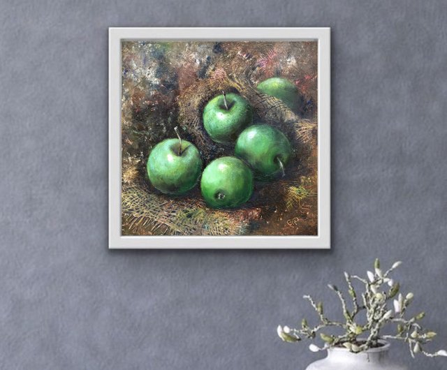 果物の静物 油彩画 緑と金のフレーム 果物の静物画 金色フレーム