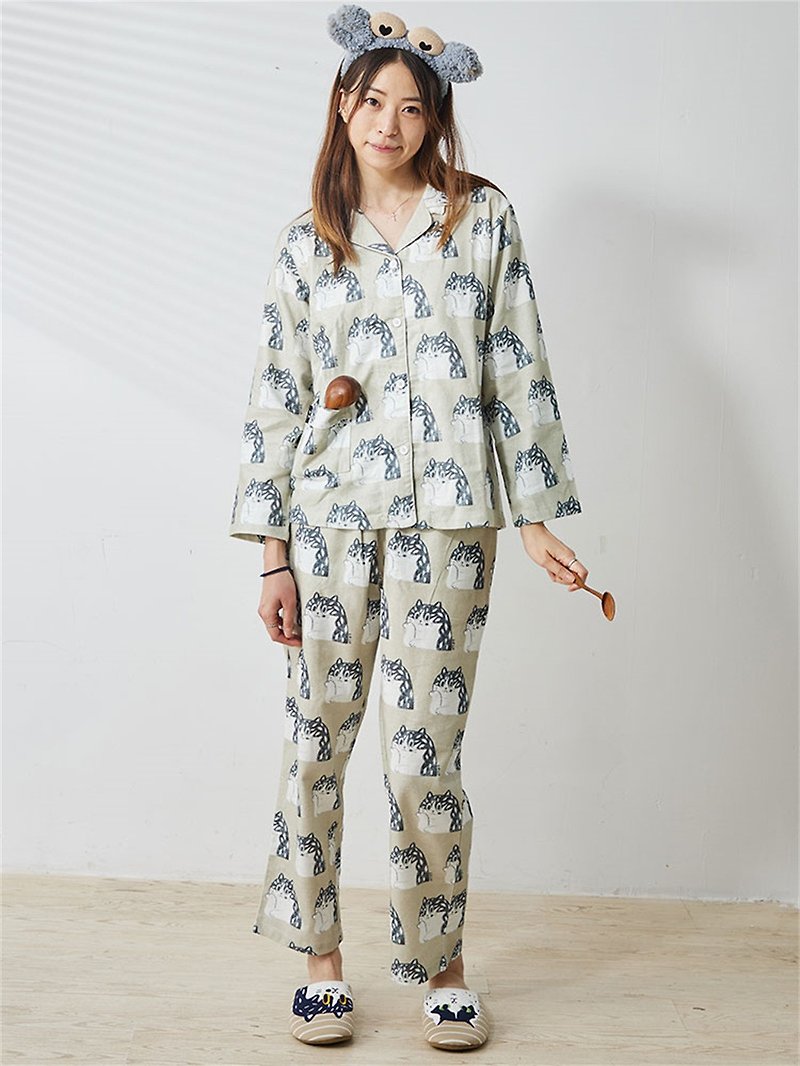 Lulu Meow Cat Print Spring Brushed Cotton Homewear Set - ชุดนอน/ชุดอยู่บ้าน - ผ้าฝ้าย/ผ้าลินิน สีเขียว