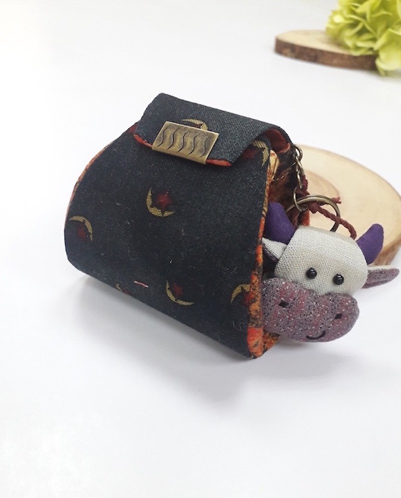Cow small bag | key case | earphone storage bag | coin purse - Keychains - Cotton & Hemp Multicolor