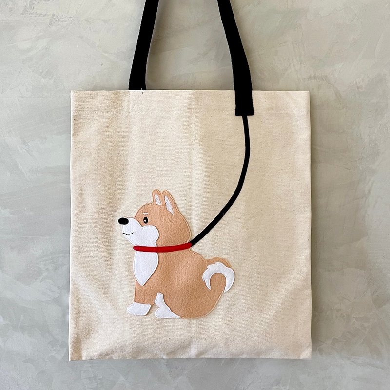 [Pattern is not printing] Embroidered Shiba Inu, canvas bag - กระเป๋าแมสเซนเจอร์ - ผ้าฝ้าย/ผ้าลินิน สีกากี