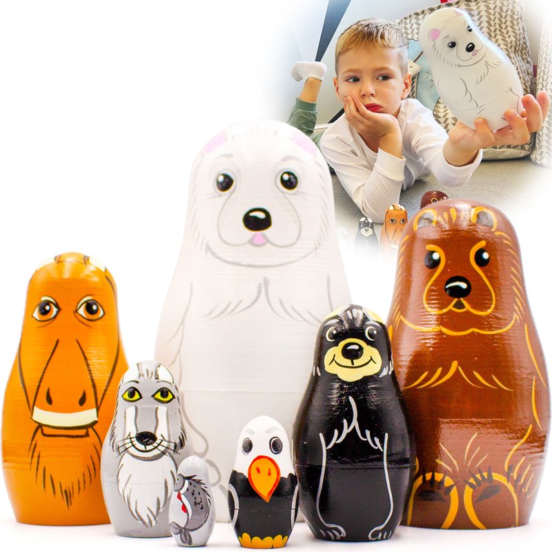 Nesting Dolls Animals Set of 7 pcs - Polar Animals Figurines for Kids - ของเล่นเด็ก - ไม้ หลากหลายสี