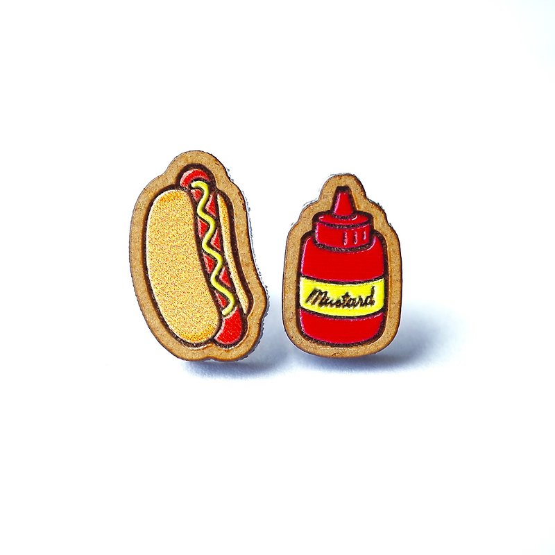 Painted wood earrings-Hot Dog & Mustard - ต่างหู - ไม้ หลากหลายสี