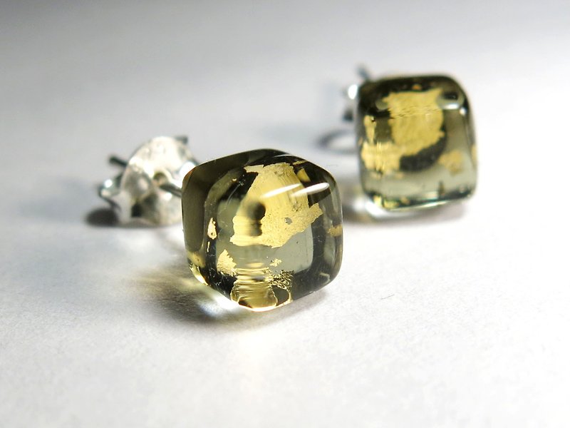 Ice cube gold leaf glass sterling silver ear pin / olive green - Earrings & Clip-ons - Glass Green