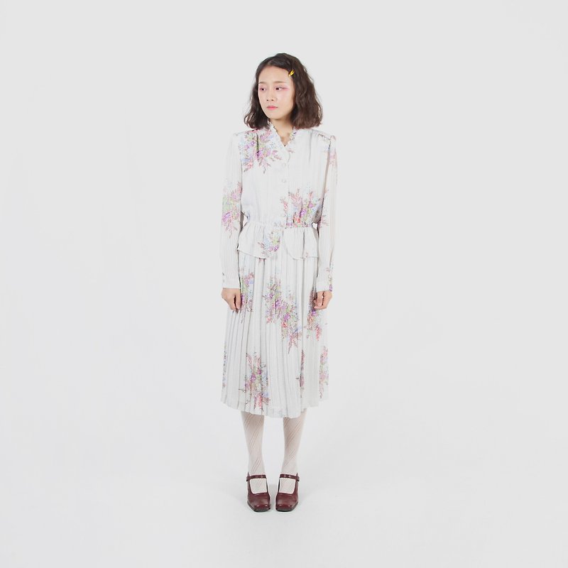 [Egg plant ancient] autumnal floral print pleated vintage dress - One Piece Dresses - Polyester White