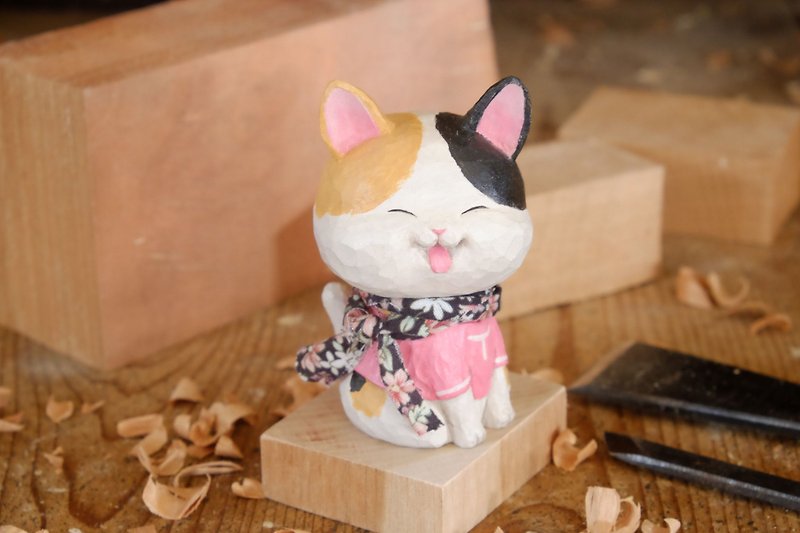 私は部屋の木の彫刻動物_座っている子猫になりたい（ログの手を刻んだ） - 人形・フィギュア - 木製 ピンク