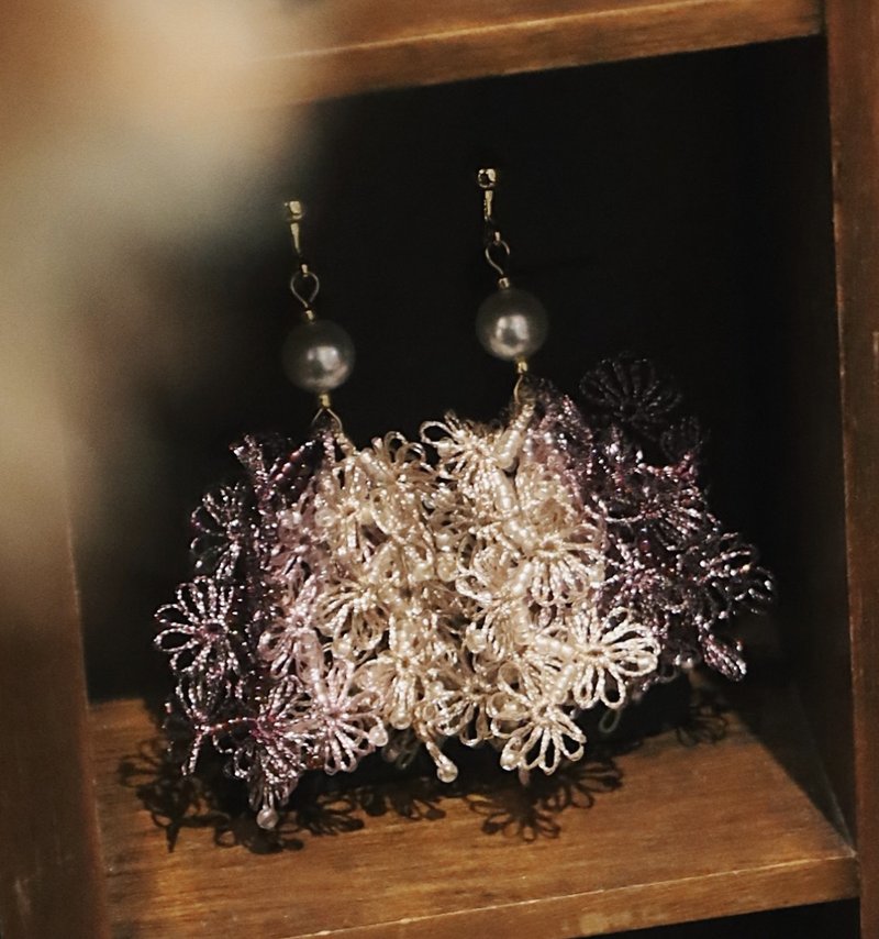 紛飛 蕾絲梭編飾品 - 耳環/耳夾/耳骨夾 - 繡線 