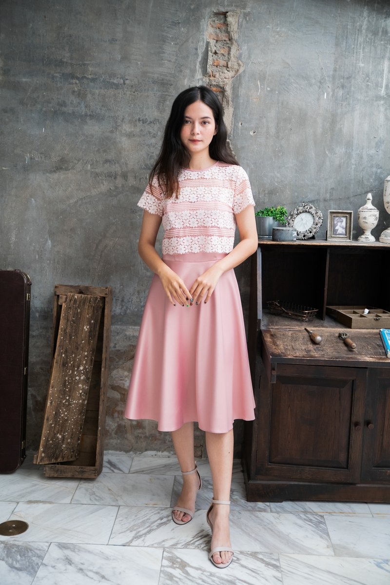 Pink lace Dress Crop Lace and Dress Wedding Dress Sweet Vintage Wedding Gown - 洋裝/連身裙 - 聚酯纖維 粉紅色