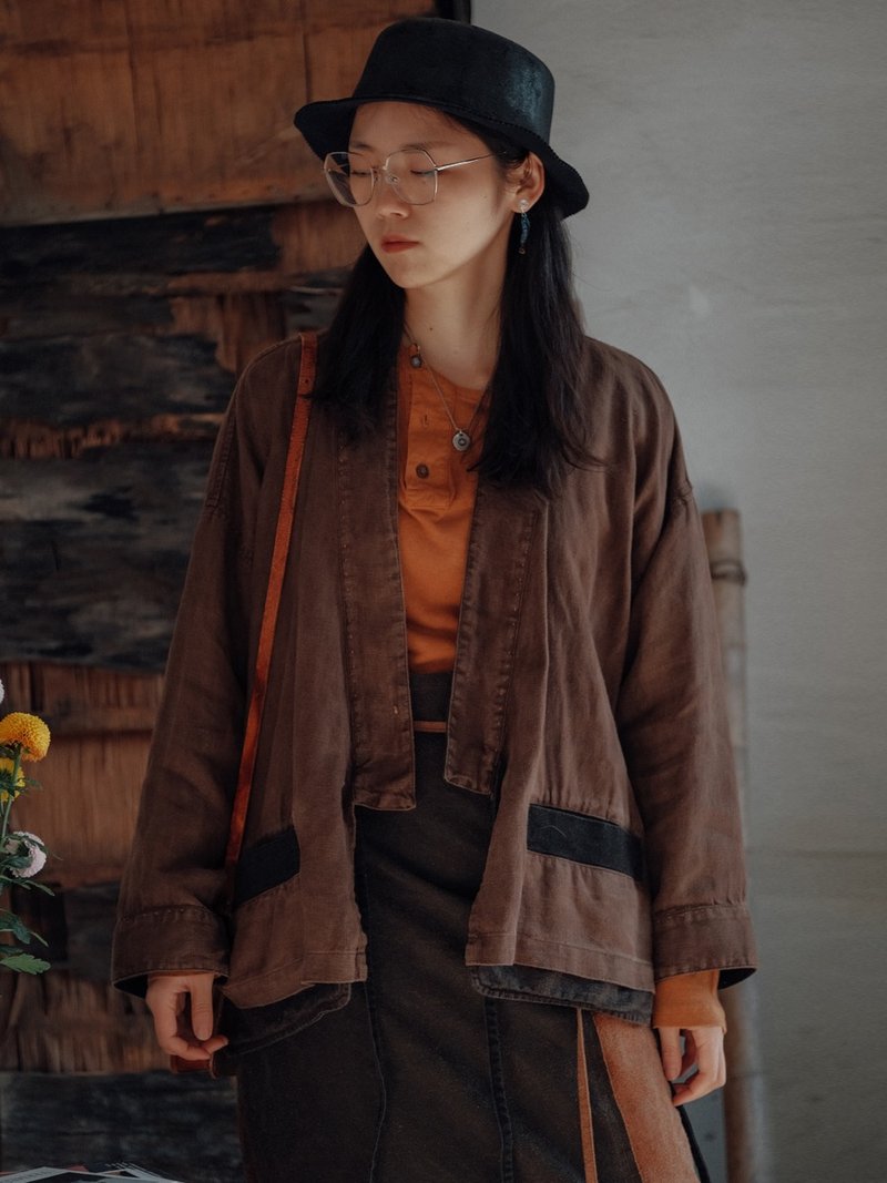 橡樹色 植物染手工刺繡漢麻道袍 寬鬆百搭漢麻外套袍子 - 女大衣/外套 - 棉．麻 咖啡色