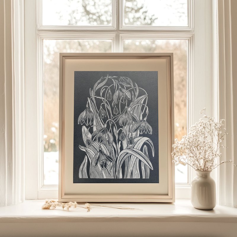 Gray Linocut Print Snowdrop Flowers Original Artwork Spring Wall Art Decor - 壁貼/牆壁裝飾 - 紙 灰色