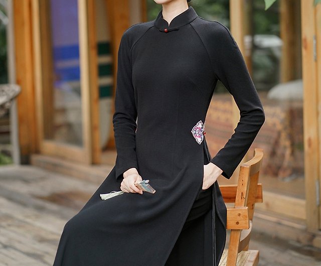 New Chinese style cheongsam autumn and winter improved slim long Ao Dai top  sweater Zen tea dress dress - Shop chuchan One Piece Dresses - Pinkoi