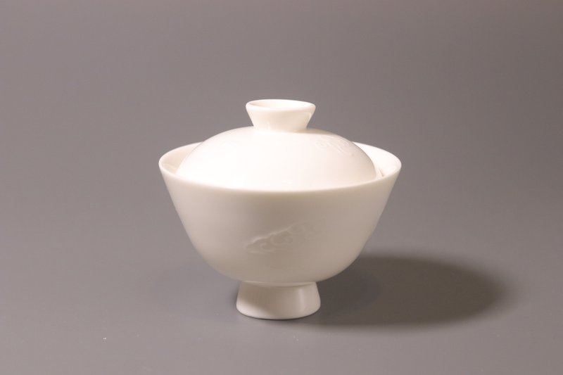 Dunmu Kiln Dehua molded printed jade porcelain small cover cup - ถ้วย - เครื่องลายคราม ขาว