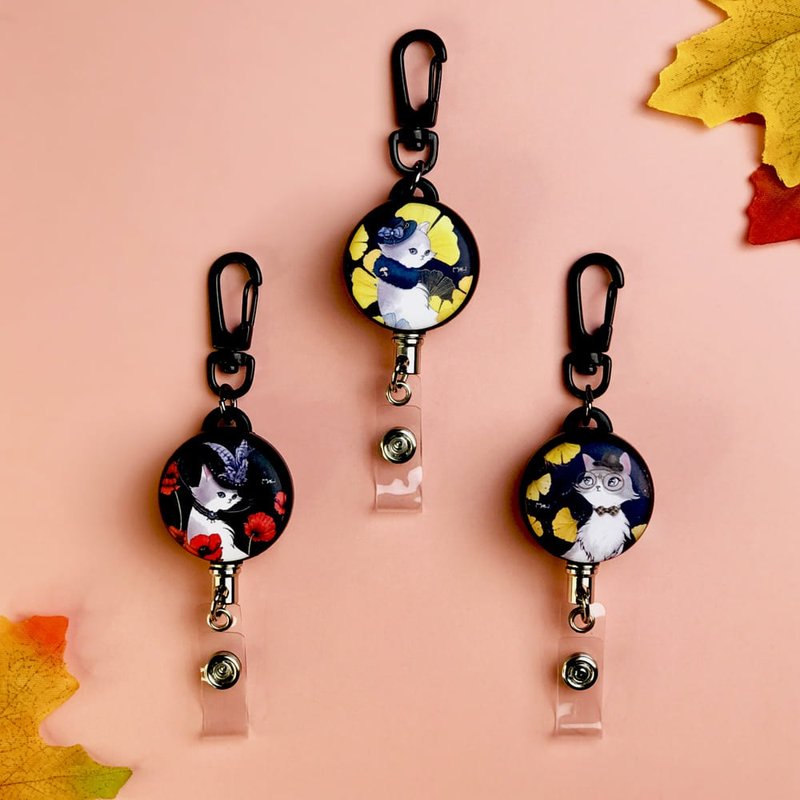 Steel wire retractable buckle | key ring | identification card | card holder-ginkgo series, poppy beauty cat - ที่ใส่บัตรคล้องคอ - สแตนเลส หลากหลายสี